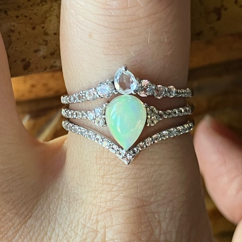 Ethiopian Opal White Sapphire Sterling Silver Ring Set Size 9